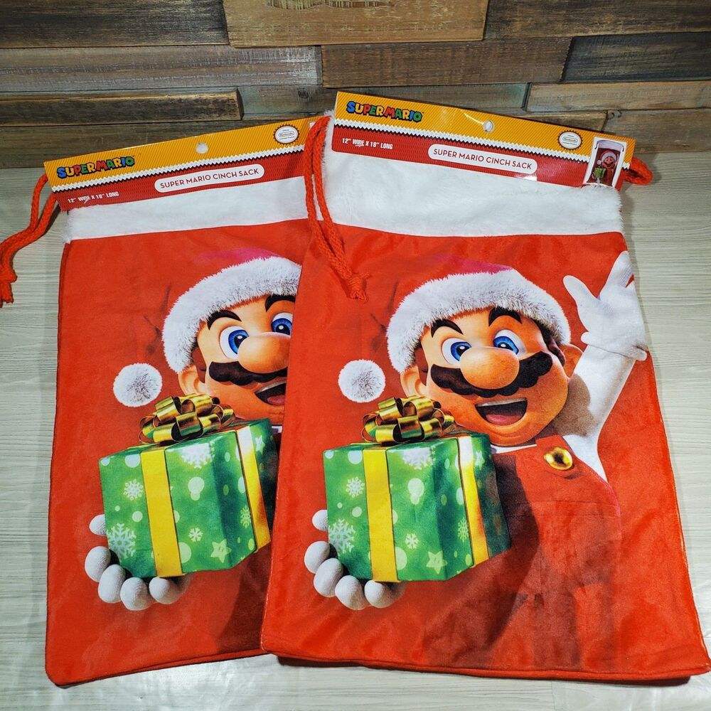 Lot of 2 Super Mario Santa Christmas Soft Cinch Sack 12" x 18" Nintendo Xmas NEW